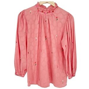Banjanan Women's Pink Embroidered Floral Long Sleeve Blouse Size Medium